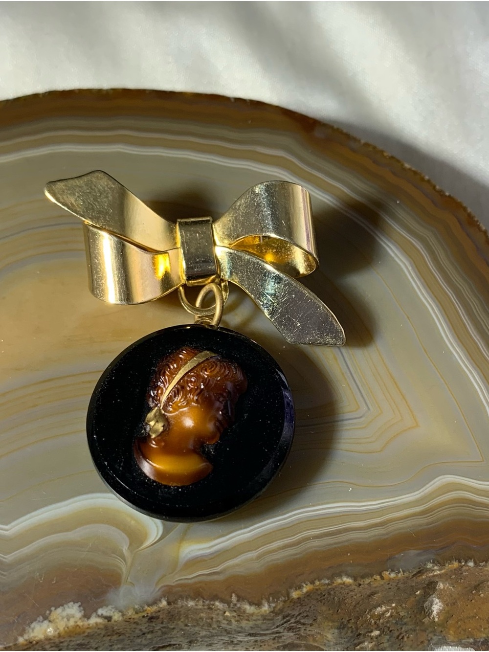 Gold Bow Cameo Brooch Amber Resin Cameo  Ribbon Vintage